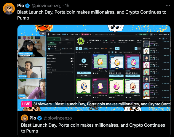 Pio Vincenzo, crypto influencer X post screenshit